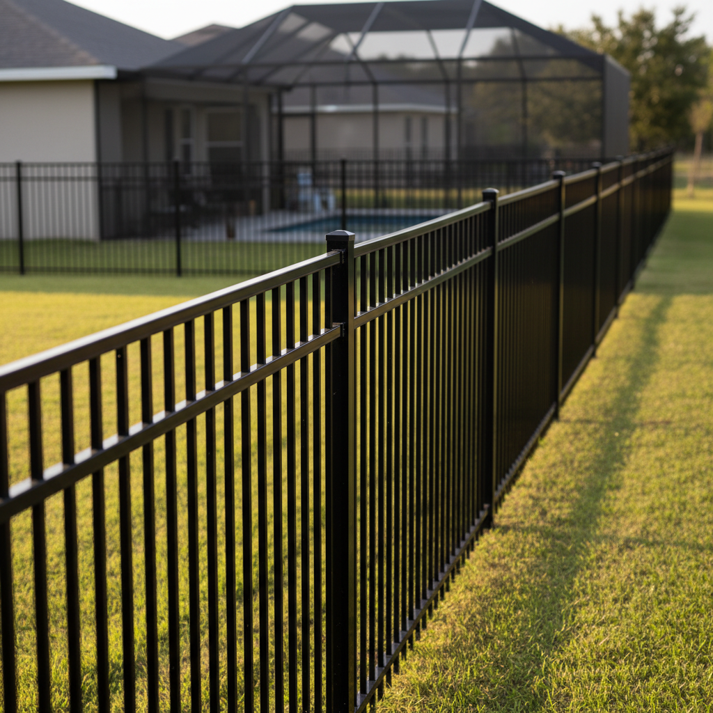 A detailed, eye-level photographic scene of a long, straight run of aluminum fence bordering a neatly maintained backyard. The fence is constructed of sturdy, powder-coated black aluminum pickets with evenly spaced vertical bars and smooth top rails, all aligned in perfect precision. Early evening light creates a gentle, warm glow across the metal, with soft shadows stretching onto the bright green grass. In the softly blurred distance, a screened pool cage and lanai are visible, suggesting a cohesive aluminum solution across the property. The composition uses leading lines from the fence rails to draw the viewer’s eye through the frame, reinforcing a sense of reliability, protection, and professional installation.