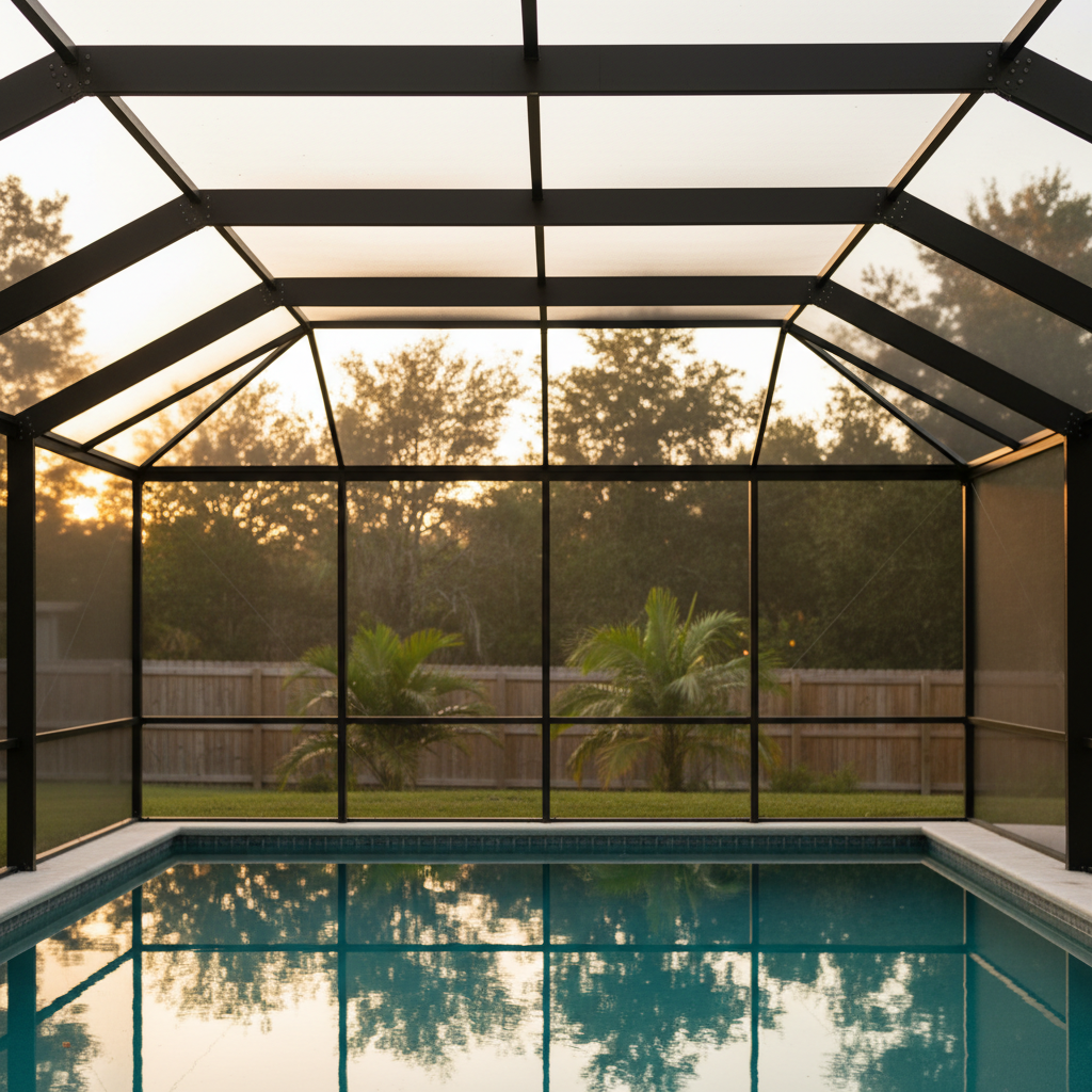 A photographic realism, slightly elevated interior view from inside an aluminum pool cage, looking out toward a backyard. The dark bronze aluminum beams form a clean grid overhead, with fine mesh screens stretching perfectly between them, catching the warm glow of late afternoon sun. The pool water below reflects the geometric lines of the structure, while the background shows a softly blurred treeline and distant fence. Light glints subtly off fasteners and connection points, highlighting craftsmanship and structural integrity. The overall mood is serene and secure, emphasizing how professional aluminum screening creates a protected, comfortable outdoor environment without sacrificing views or natural light.