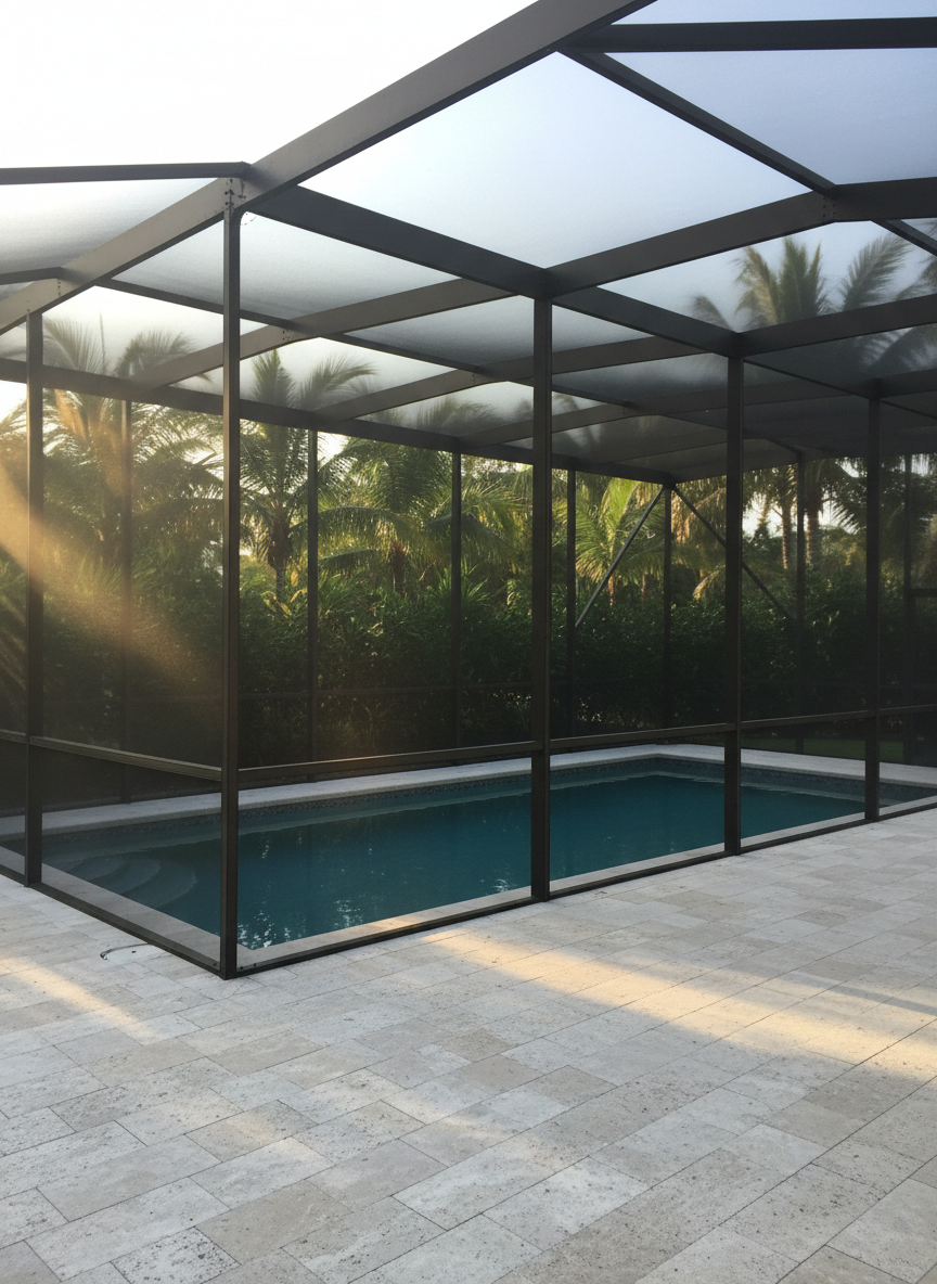 A wide, eye-level exterior shot of a modern Florida home showcasing a freshly installed aluminum pool cage in photographic realism. The dark bronze aluminum frame is crisp and geometric, enclosing a sparkling blue pool and light stone deck. Fine, taut screening is clearly visible where sunlight catches its texture, while the background fades into a softly blurred, lush green yard. Late afternoon golden light creates clean highlights along the beams and soft shadows across the pavers, emphasizing durability and precision craftsmanship. The composition uses the rule of thirds, with the pool cage dominating the frame, conveying a professional, high-quality installation ideal for a company specializing in aluminum screen work.