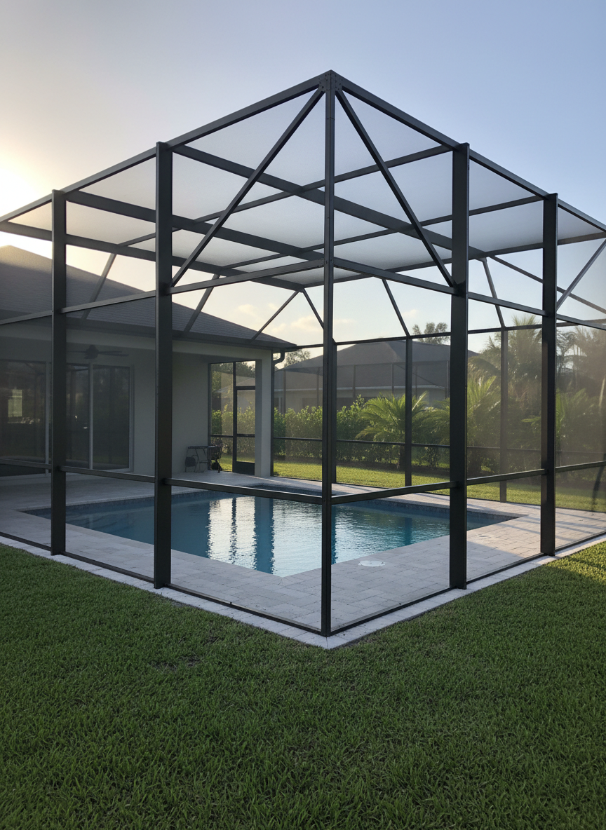A wide, eye-level exterior shot of a modern Florida home showcasing a freshly installed aluminum pool cage in photographic realism. The dark bronze aluminum frame is crisp and geometric, enclosing a sparkling blue pool and light stone deck. Fine, taut screening is clearly visible where sunlight catches its texture, while the background fades into a softly blurred, lush green yard. Late afternoon golden light creates clean highlights along the beams and soft shadows across the pavers, emphasizing durability and precision craftsmanship. The composition uses the rule of thirds, with the pool cage dominating the frame, conveying a professional, high-quality installation ideal for a company specializing in aluminum screen work.