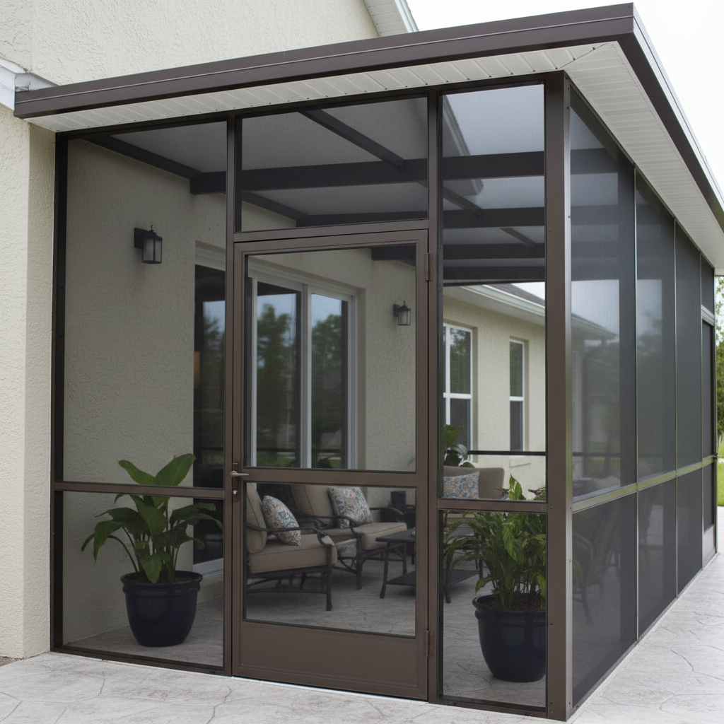 A close-up, slightly elevated photographic view of a custom aluminum lanai enclosure attached to a light-colored stucco home. The lanai features clean, straight bronze aluminum beams, perfectly aligned screen panels, and a neatly finished door with a sturdy handle and hydraulic closer. Soft overcast daylight creates even, shadow-free lighting that highlights the smooth powder-coated finish and tight screen tension. Potted plants and a neatly arranged outdoor seating area are softly blurred in the background, hinting at a comfortable, protected outdoor living space. The overall mood is calm, orderly, and professional, emphasizing attention to detail and long-lasting quality in aluminum construction.