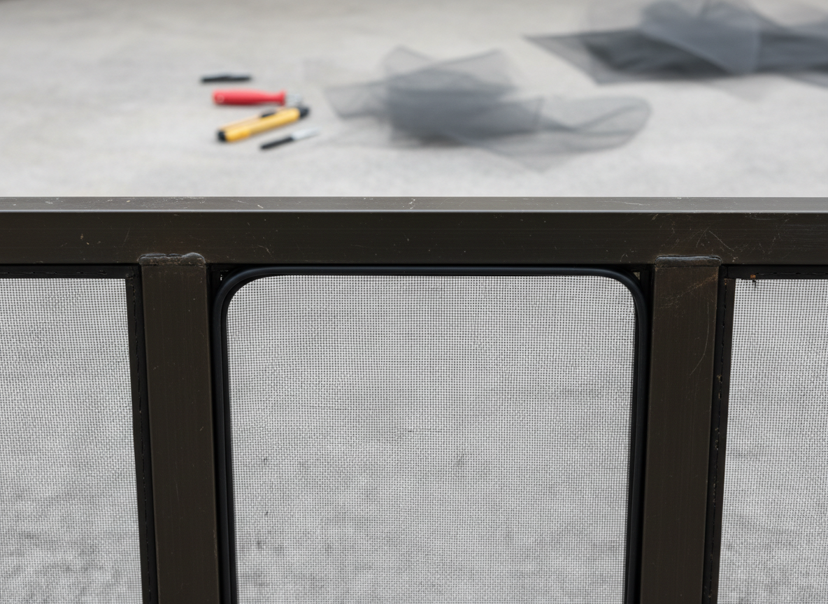 A close-up, detail-focused photographic image of aluminum screen repair work on a lanai panel. A single, freshly replaced screen section is perfectly taut within a dark bronze frame, with new spline neatly seated in its channel, contrasting slightly against the older, weathered surrounding frames. Diffused daylight from an overcast sky provides soft, even lighting that reveals the fine texture of the mesh and the clean edges of the repair. In the softly blurred background, tools such as a spline roller and cut screen pieces rest on a concrete patio. The composition is tight and precise, underscoring meticulous repair craftsmanship and durability.