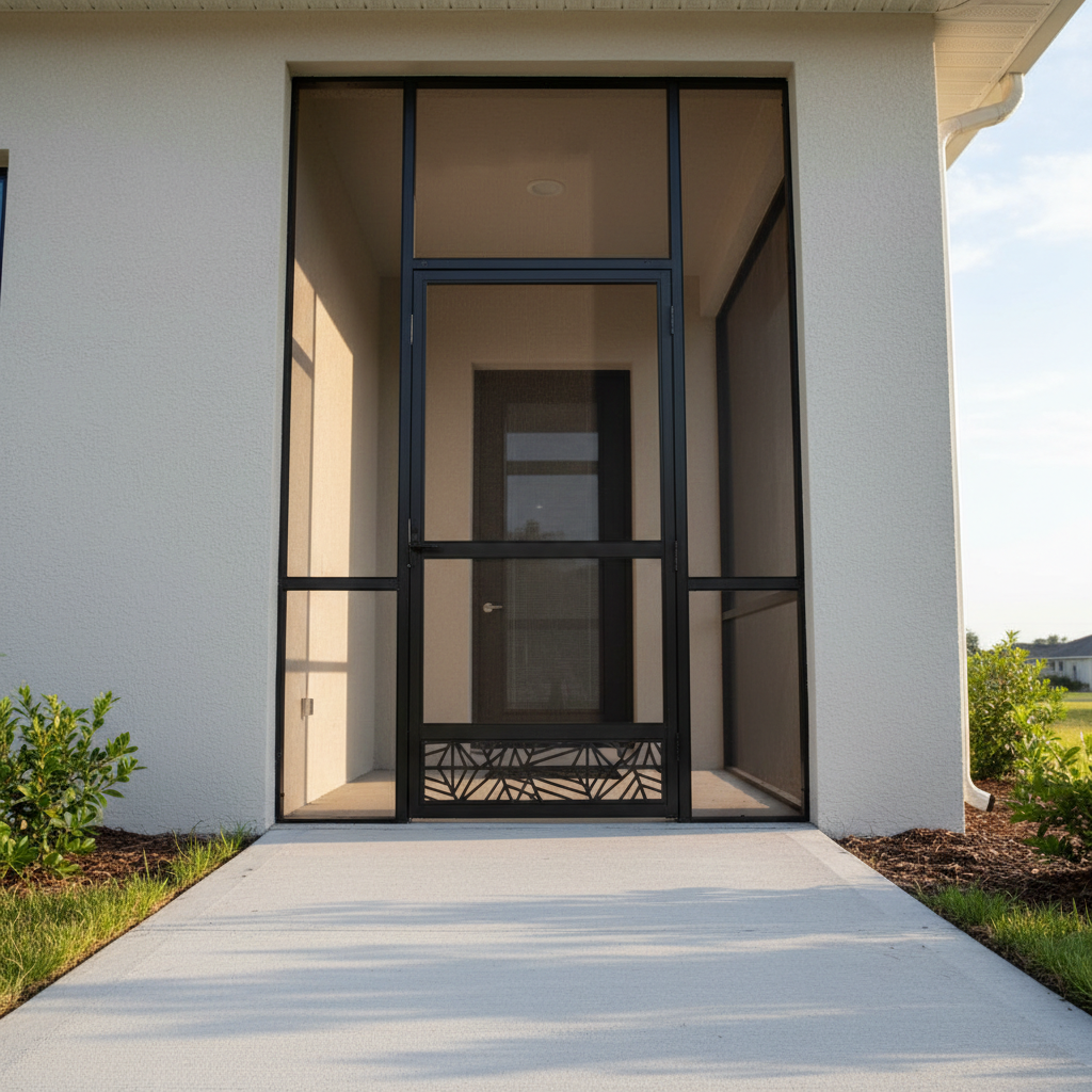 A front entry aluminum screen enclosure in photographic realism, captured from a low, slightly angled perspective to emphasize height and structure. The doorway is framed by sleek, matte-black aluminum posts and crossbars, holding fine, almost invisible screening that subtly catches late morning sunlight. A decorative, geometric kick-plate panel adds a touch of elegance at the bottom of the door. The entryway sits against a neutral stucco wall, with a clean concrete path leading up, casting soft, directional shadows. The composition centers the door, with vertical lines drawing the eye upward, conveying security, durability, and an inviting, professionally finished entrance for a residential property.